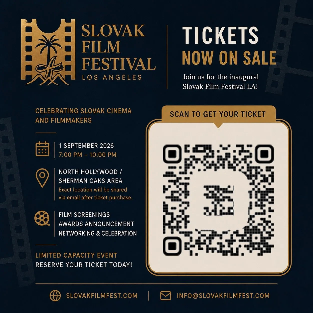 🇸🇰🎬 TICKETS ARE NOW ON SALE!

Join us for the inaugural Slovak Film Festival LA on September 1st, 7&ndash;10 PM in the North Hollywood / Sherman Oaks area.

An intimate evening celebrating Slovak cinema with film screenings, the announcement of ou