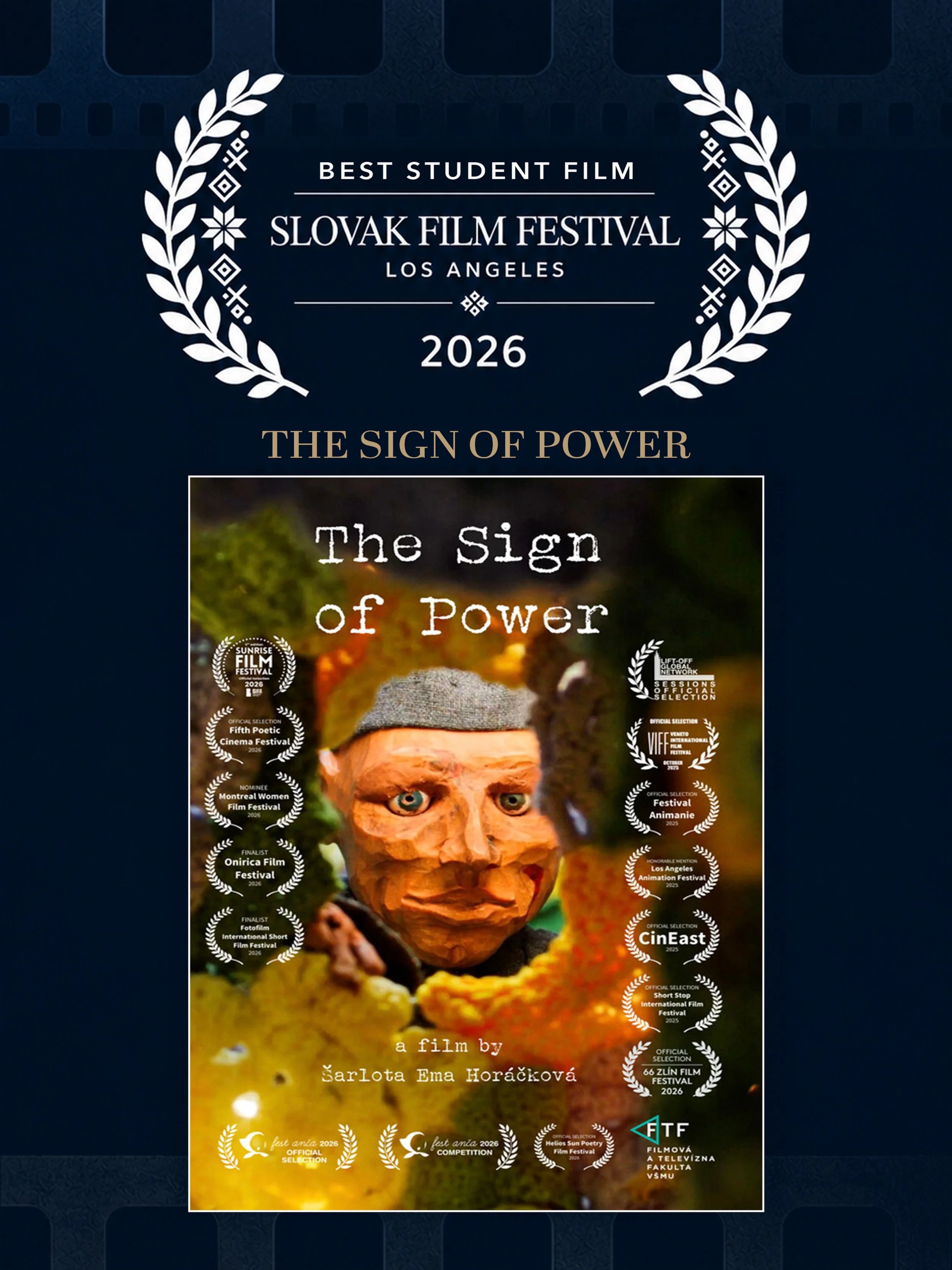 Congratulations to &Scaron;arlota Ema Hor&aacute;čkov&aacute;, director and writer of The Sign of Power, winner of Best Student Film at the inaugural Slovak Film Festival Los Angeles. 🏆✨

Created while studying animation with a focus on stop motion 