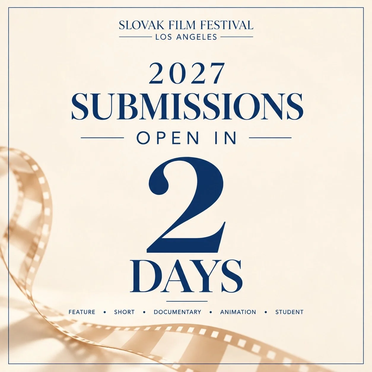 After a successful first year, we&rsquo;re getting ready for year two! 🎬🇸🇰✨

Submissions for Slovak Film Festival Los Angeles 2027 open in just 2 DAYS!

We welcome Feature Films, Short Films, Documentaries, Animation and Student Films from Slovaki