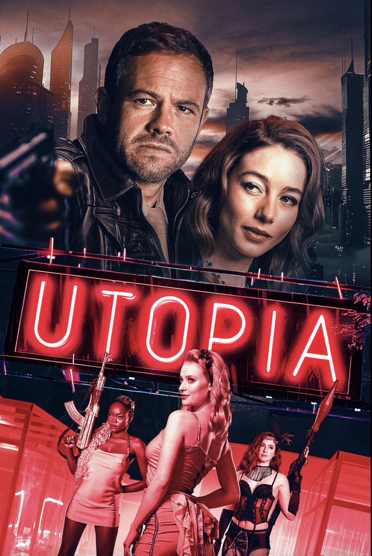 A poster for the movie "Barbie" featuring two main characters, a man in a leather jacket pointing forward, and a woman with wavy hair. The background includes a city skyline and a red neon "STOP" sign.