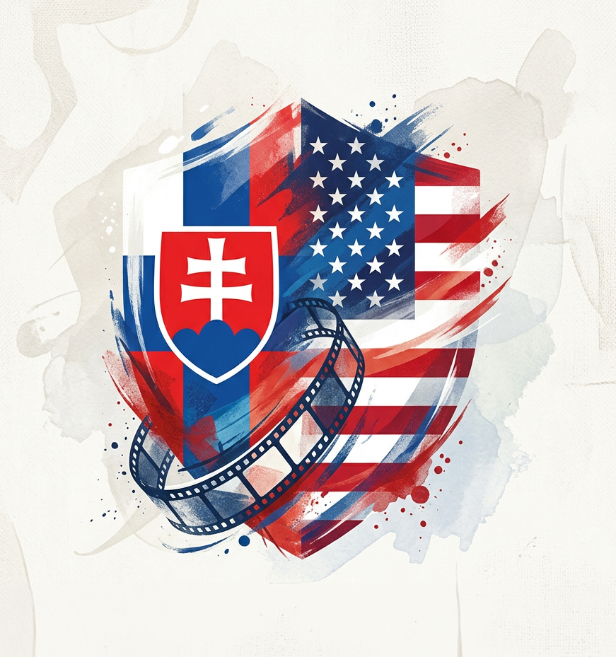 A digital illustration combining the flags of the United States and Slovakia, with a film strip wrapped around a shield bearing the Slovak cross, representing a blend of American and Slovak themes.