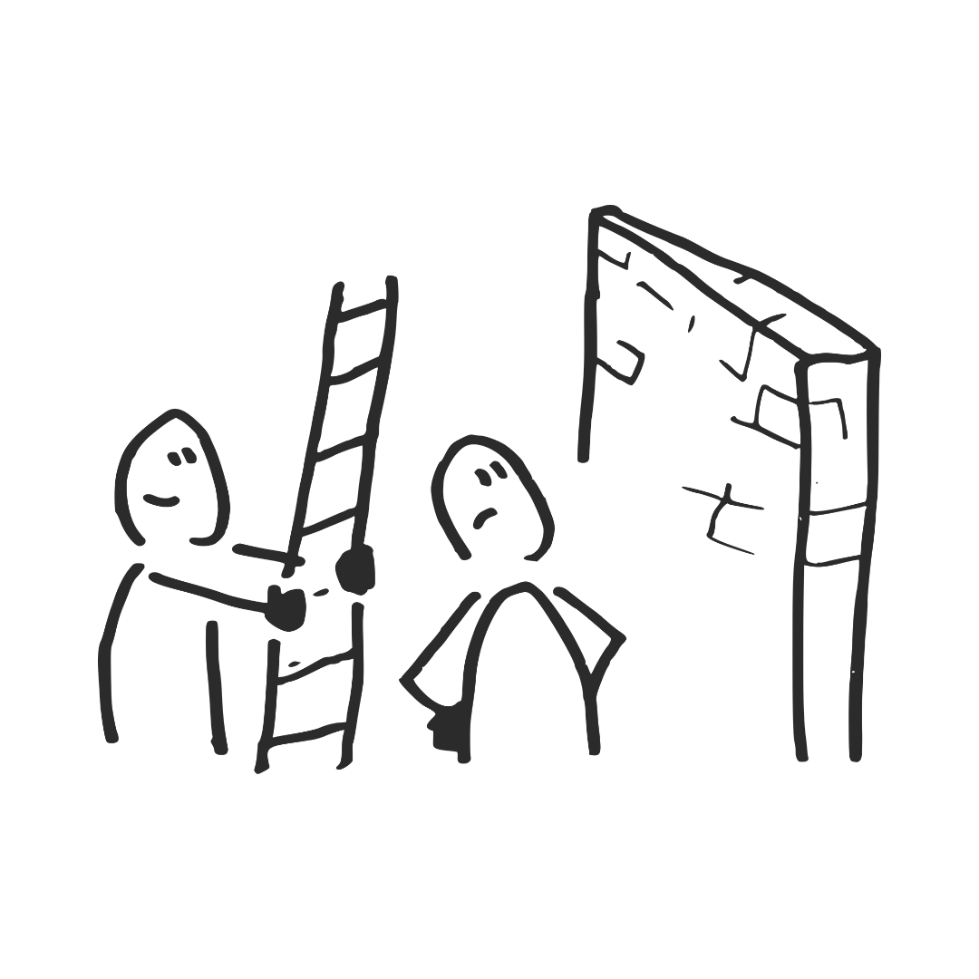 Humorous sketch of two stick figures examining a tall ladder and a large brick wall, with one figure holding the ladder.