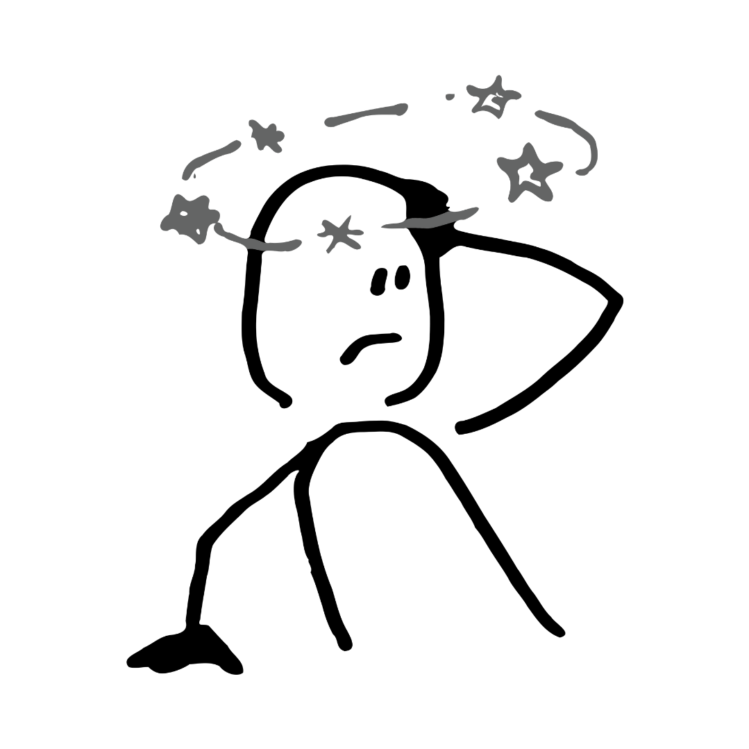 Simple line drawing of stick figure looking confused, holding its head and there are stars rotating around his head.