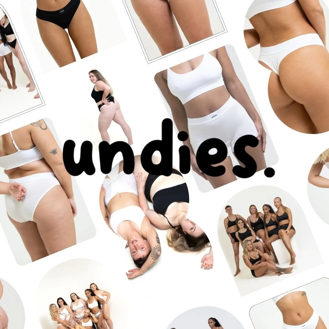 Collage of plus-size women in different poses wearing underwear and sports bras, with the word 'undies' written in the center.