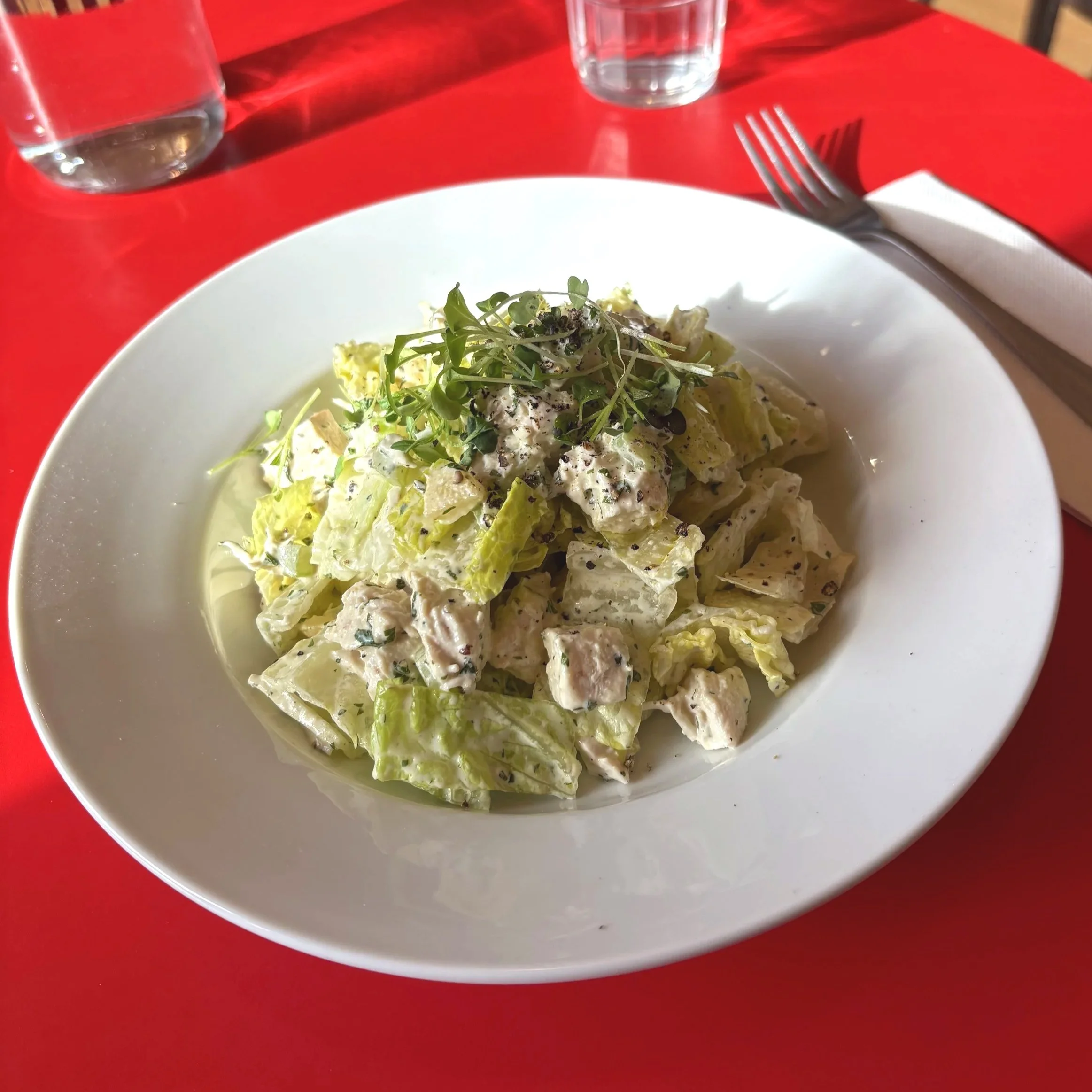 Chicken Salad with Free Range Chicken, Chervil, Preserved Lemon, and Cos Lettuce. GF 