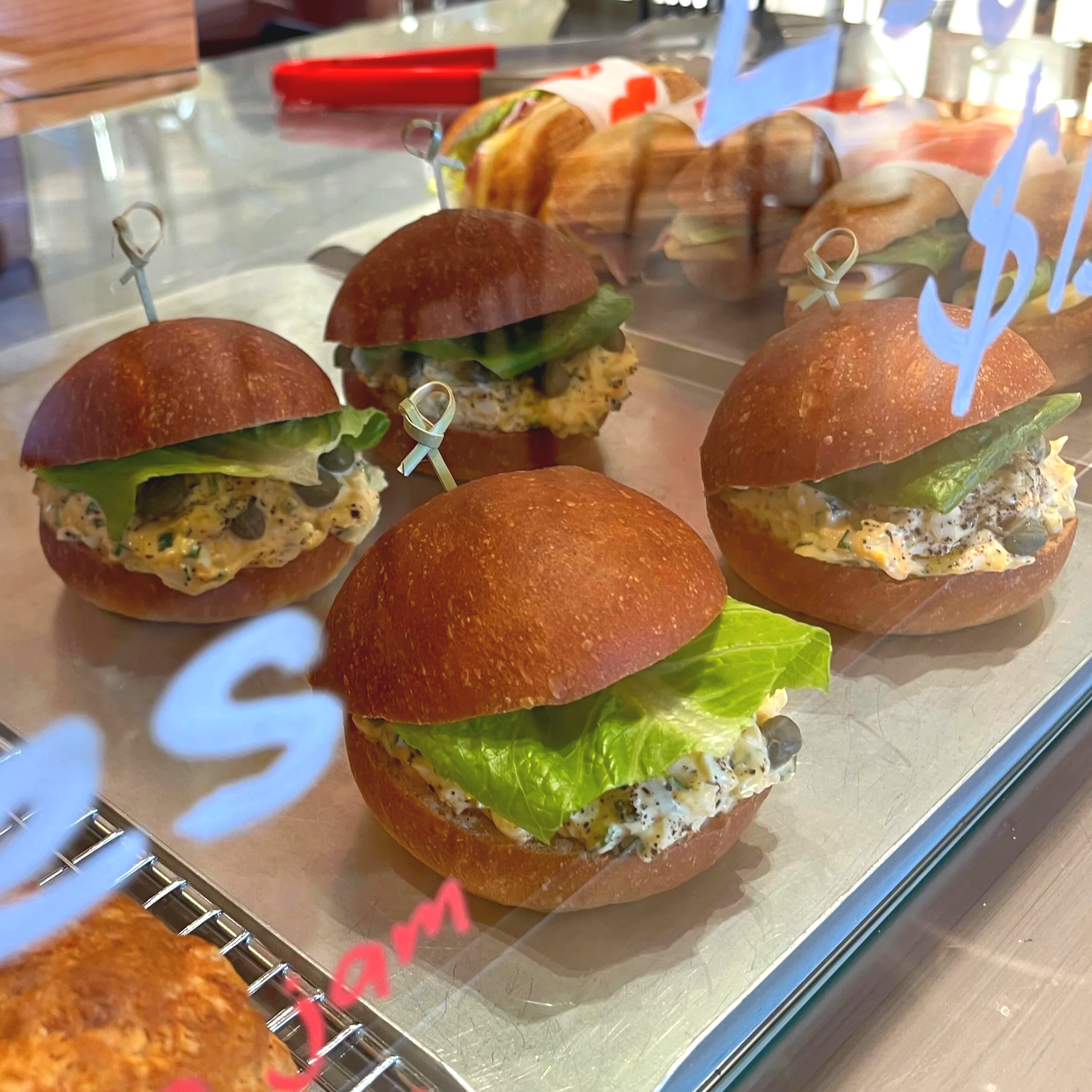 Egg Sammie with soft brioche bun, free range egg mayo, capers and cos lettuce