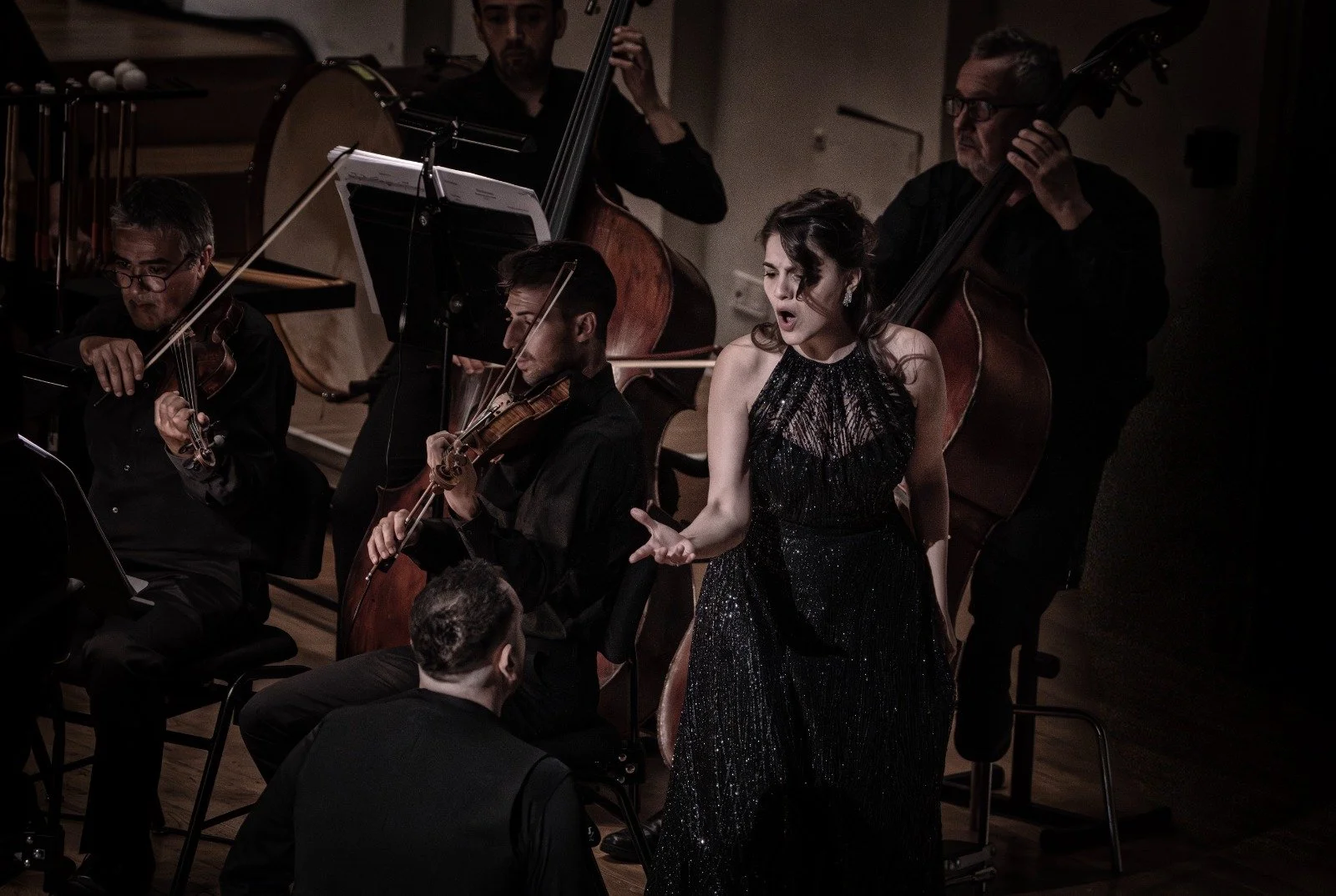 Una donna in abito nero brillante si esibisce come cantante mentre suona un'orchestra composta da cinque musicisti che suonano violino, contrabbasso e altri strumenti a fiato, in un ambiente da concerto.