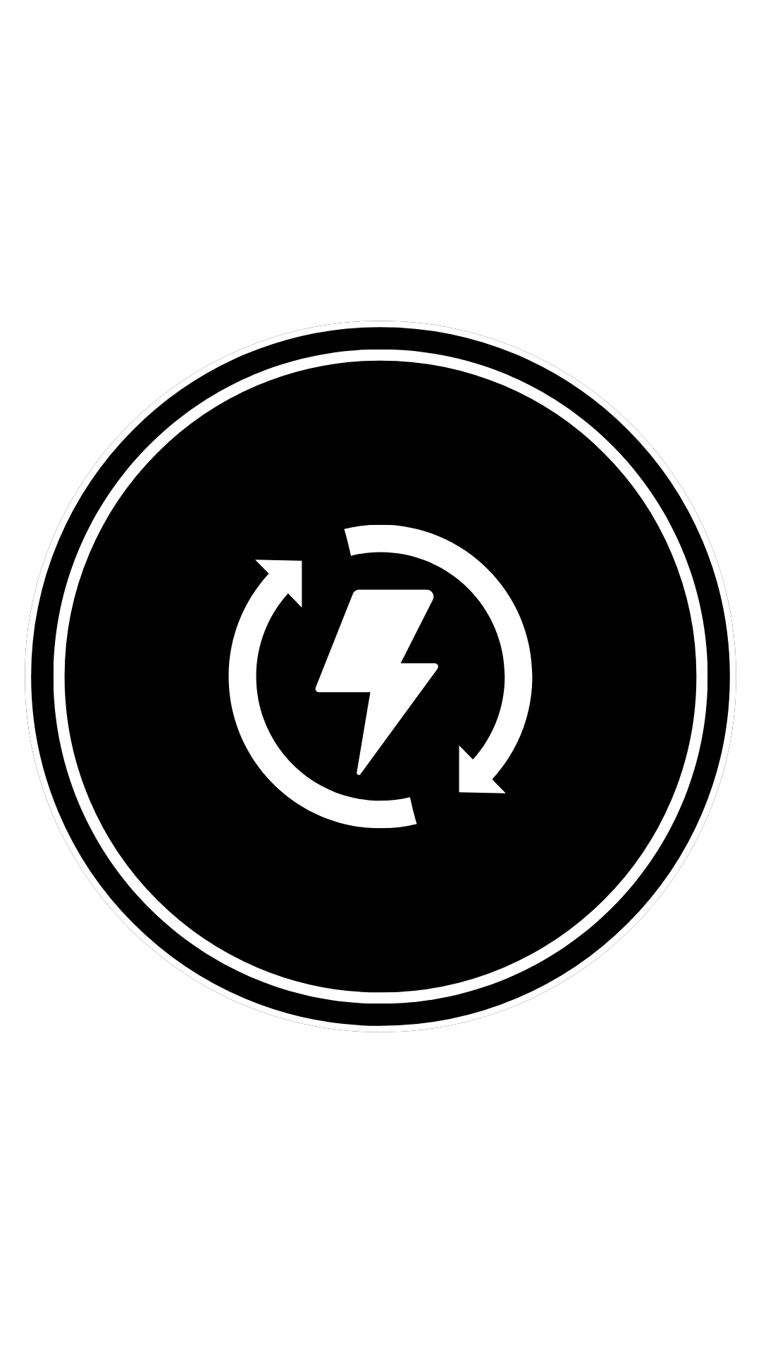Black and white icon of a lightning bolt inside a circle with two curved arrows around it, indicating energy recycling or electric recharge.