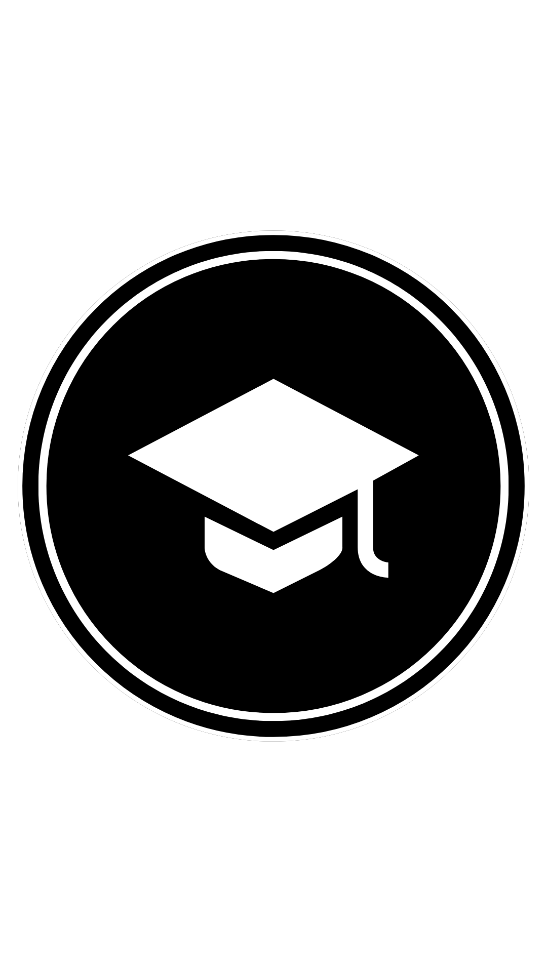 Black and white icon of a graduation cap inside a circular border.