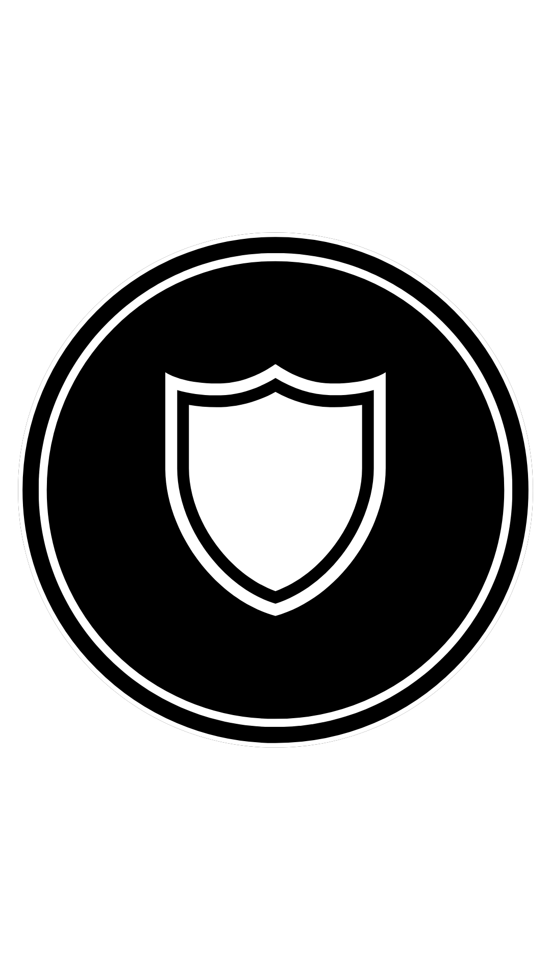 Black background with a white shield icon inside a circle, representing security or protection.