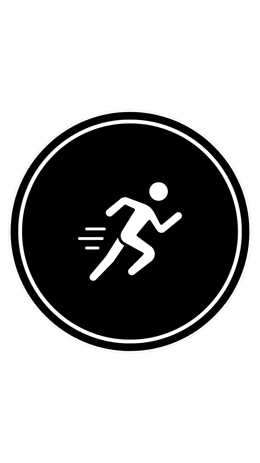 Black and white digital icon of a person running inside a circular outline.