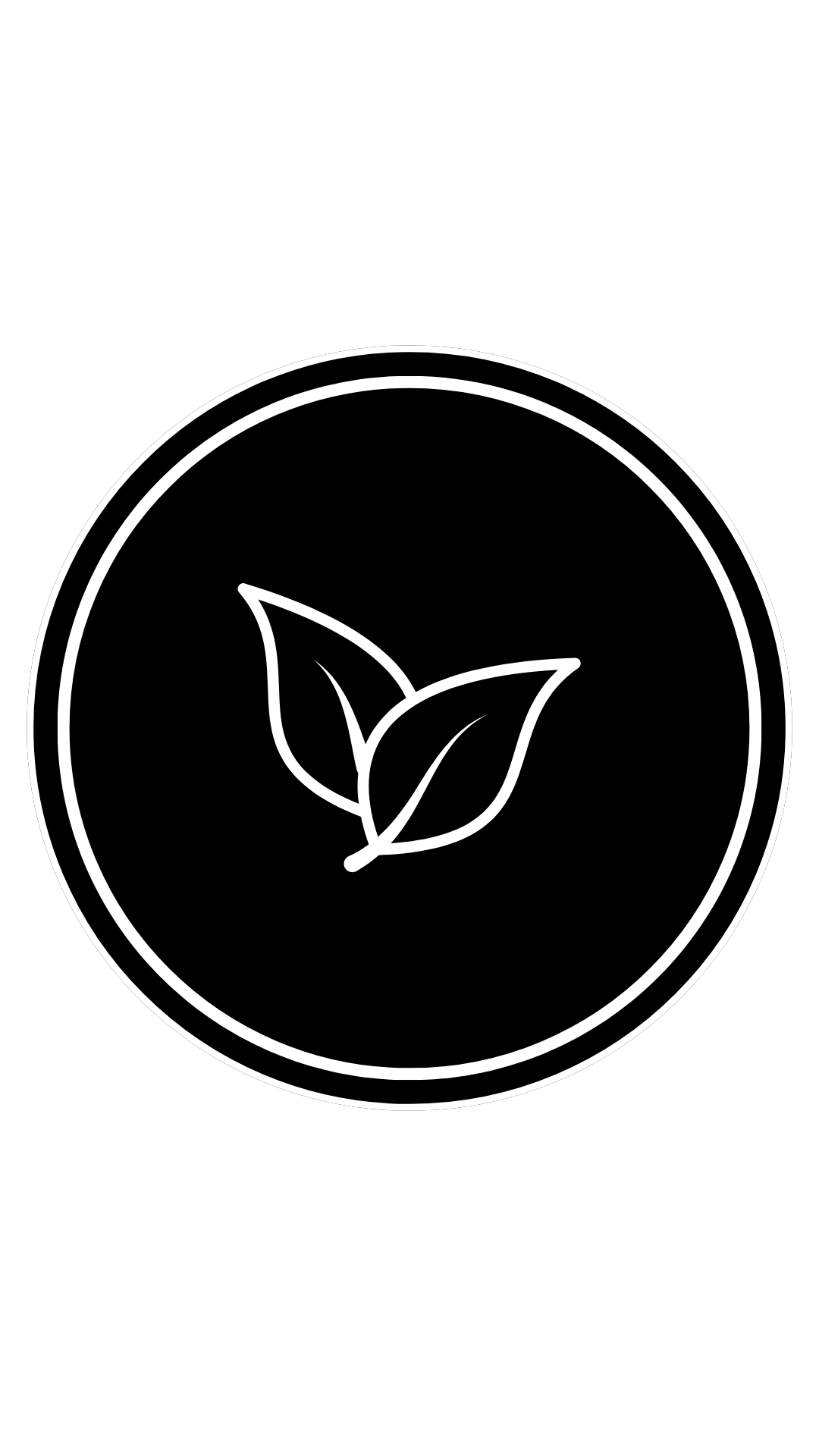 Line drawing of a circular logo with a stylized leaf in the center on a black background.