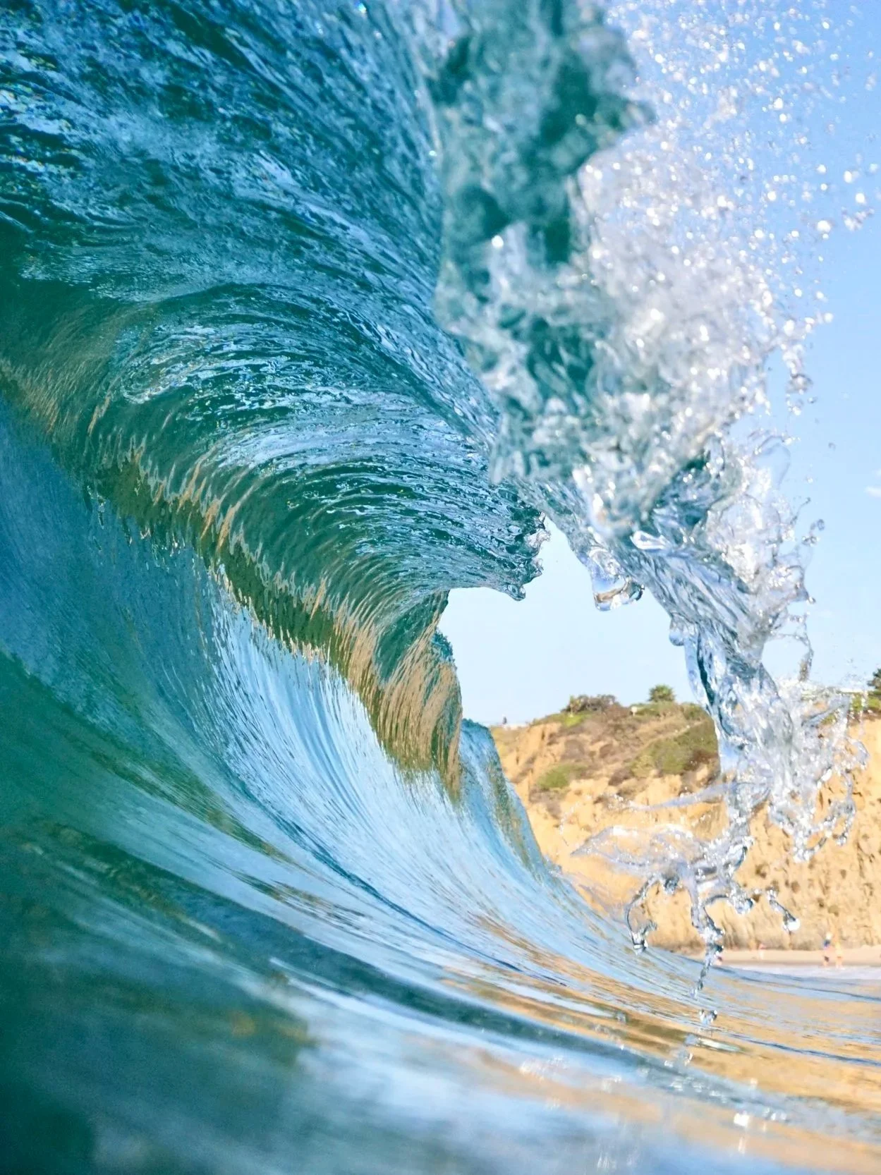 A clear ocean wave curling towards the shore with land and hills in the background under a blue sky.