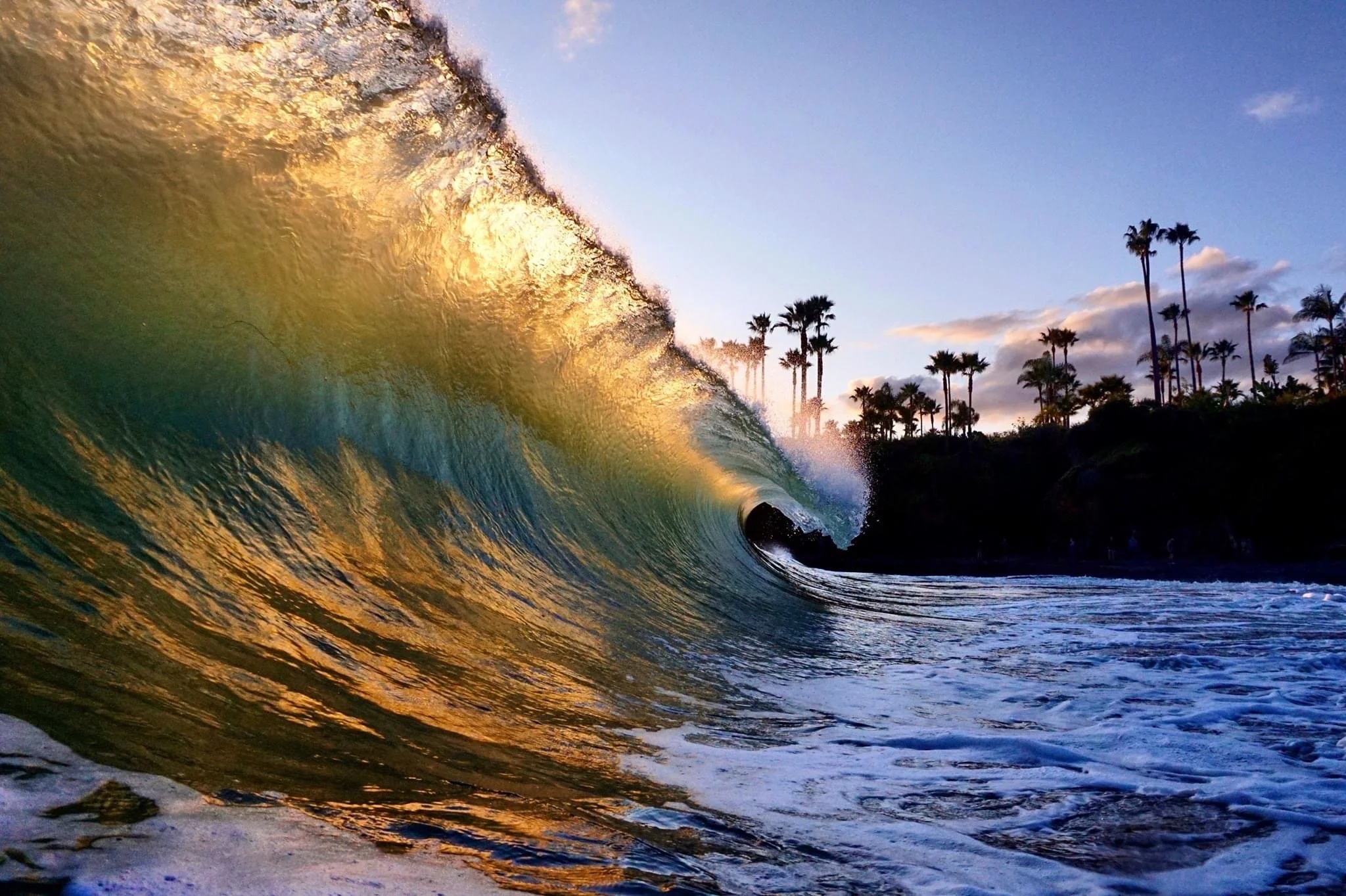 A wave crashing near a shoreline with palm trees and a sky with clouds during sunset or sunrise.