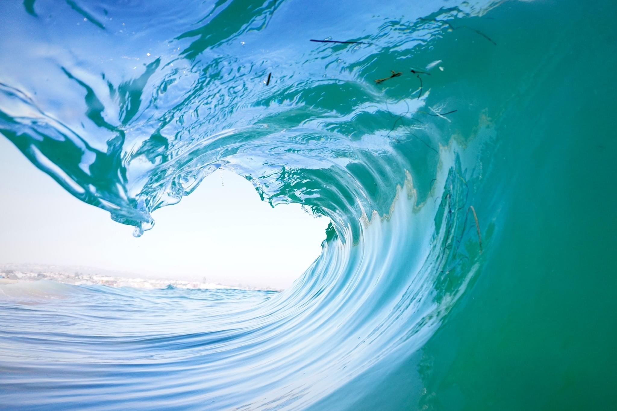 A large ocean wave curling over, with sunlight reflecting off the water, and a distant shoreline visible in the background.