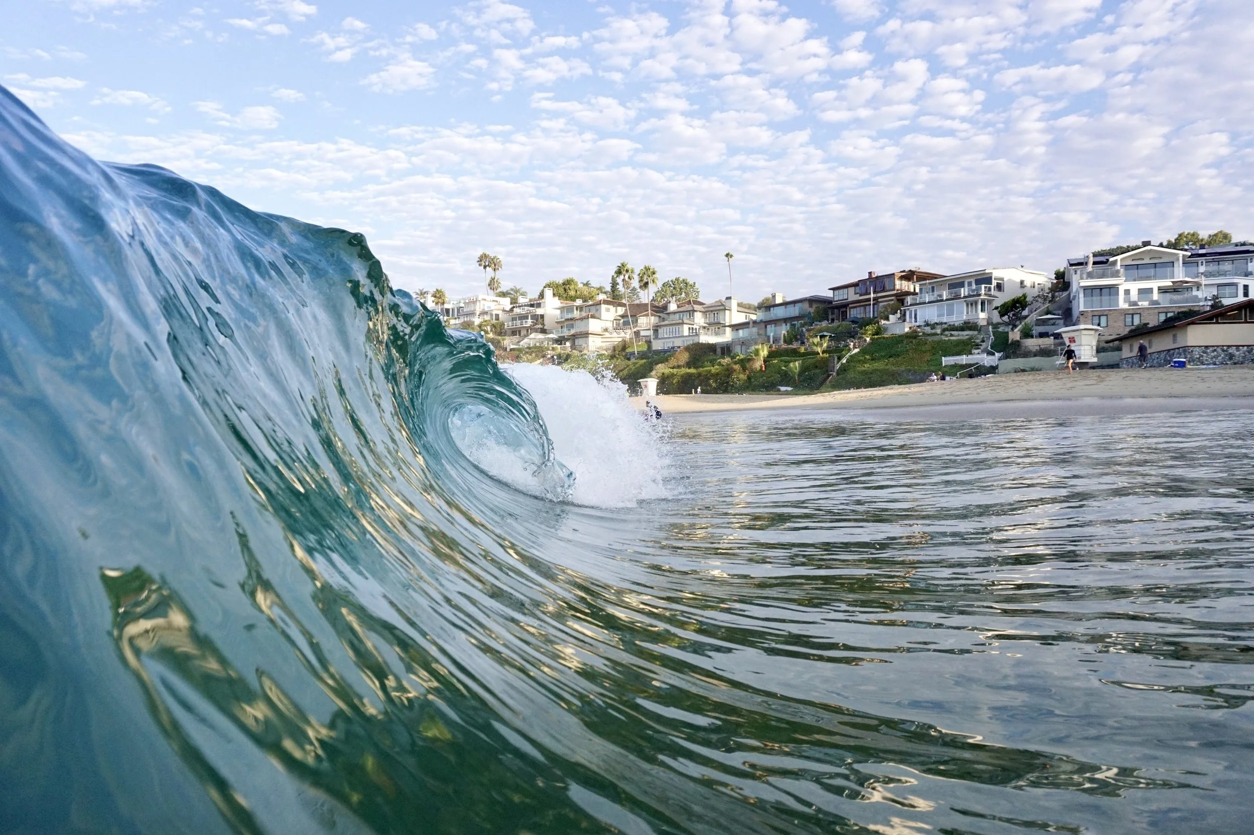 A small ocean wave breaking near the shore with houses and palm trees in the background.