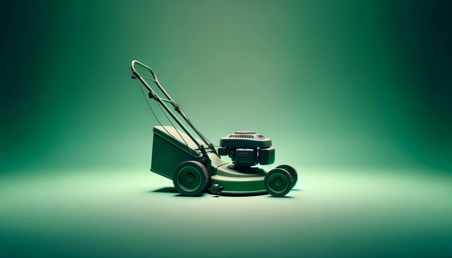 A modern, electric lawn mower with a sleek design and black and green color scheme, displayed against a green gradient background.