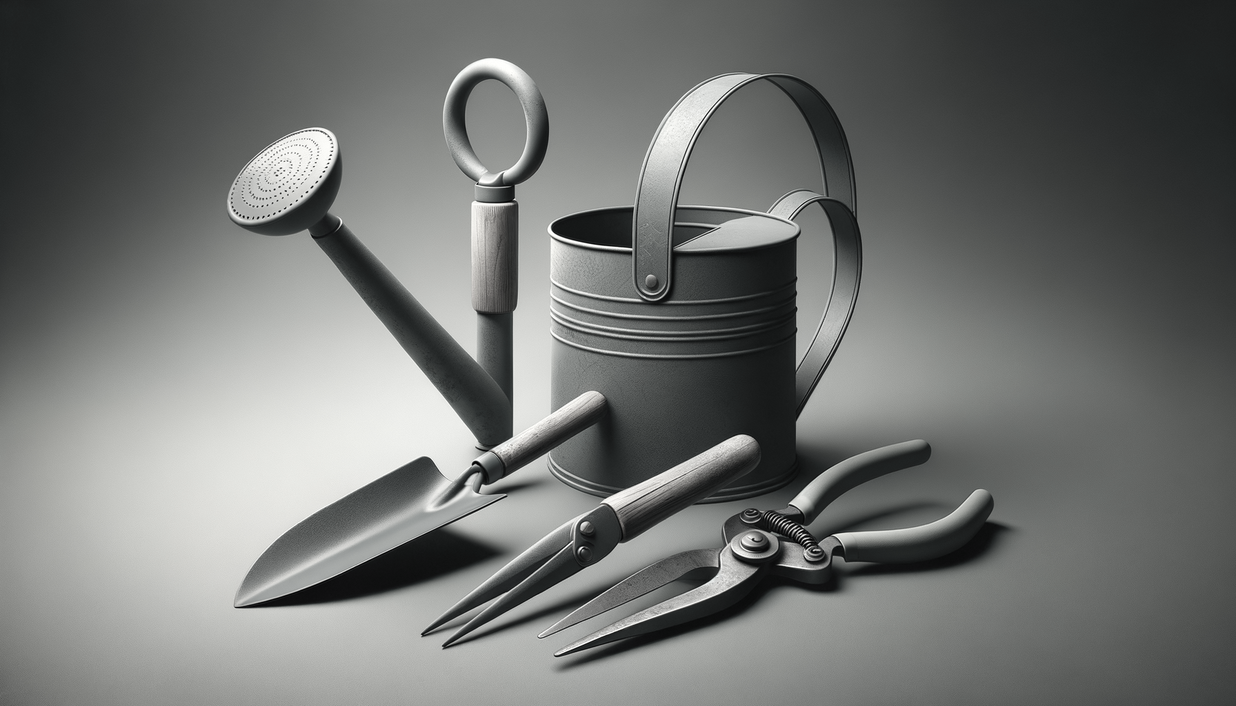 A collection of gardening tools including a hose nozzle, a hand rake, a watering can, and pruning shears, arranged on a plain surface with a neutral background.