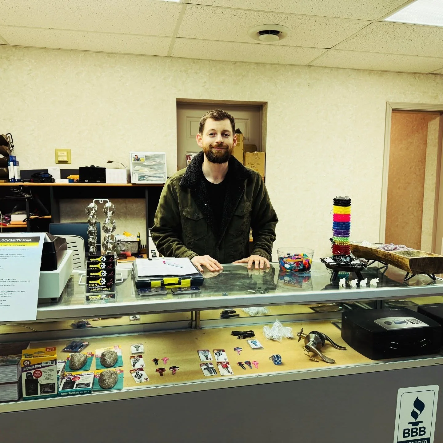 Dan the Locksmith Man behind the counter. 1626 pearl rd. Brunswick, Ohio. Lock and Key