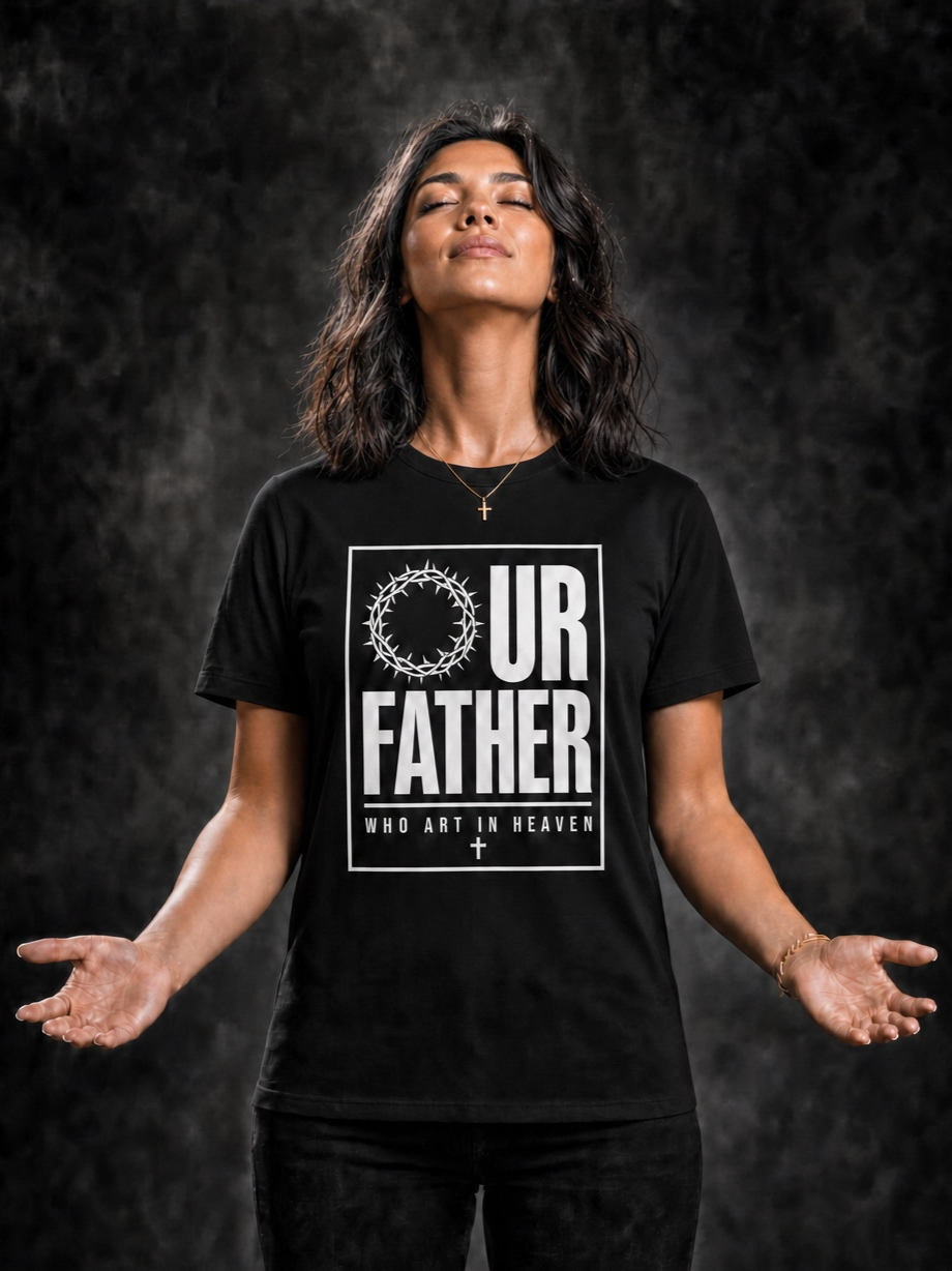 A woman with dark wavy hair, eyes closed, wearing a black T-shirt with the words "OUR FATHER" and religious symbols, standing with arms slightly outstretched against a dark background.