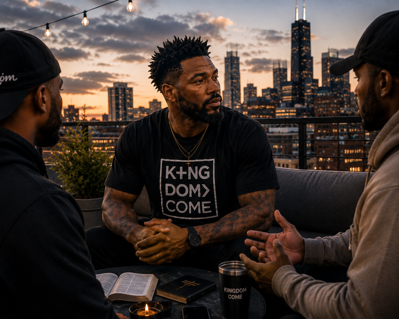 Three men sitting at a rooftop table during sunset, engaged in a serious conversation, with city skyline in the background. One man is wearing a black T-shirt with the words 'KINGDOM COME', and the others are in hoodies and caps. There are books, a candle, and a mug on the table.