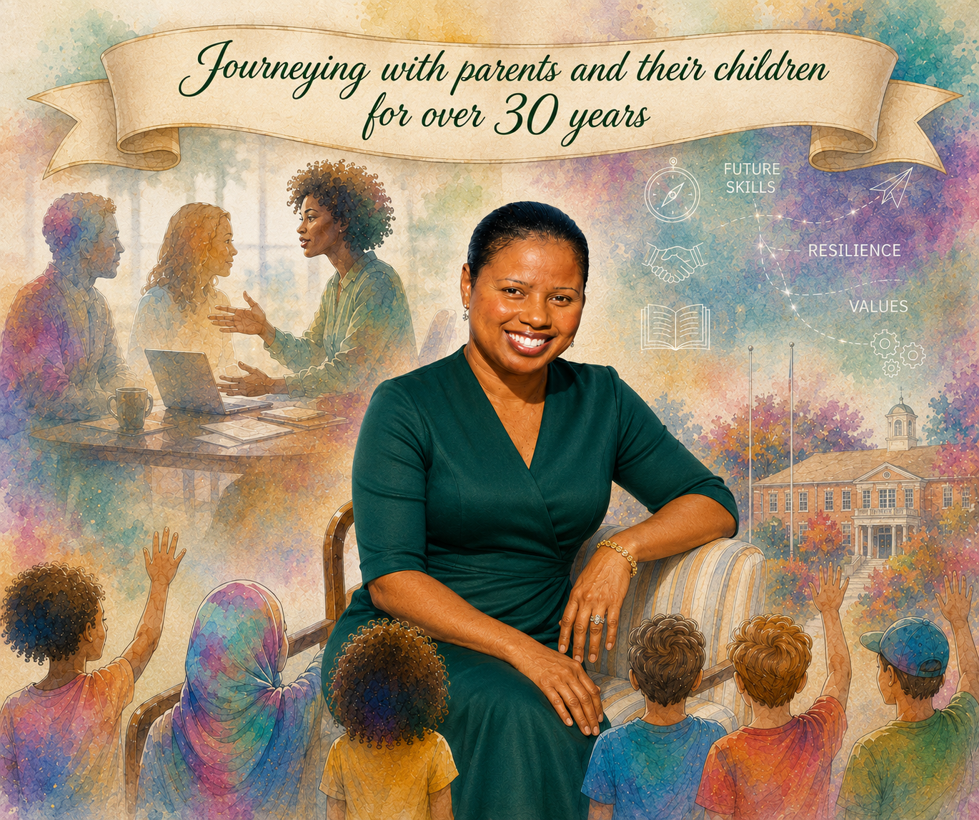A woman in a green dress sitting in front of a mural that features a group of children raising their hands in a classroom, a school building, and a scene of three adults having a conversation. The mural includes text that reads 'Journeying with parents and their children for over 30 years' and icons representing future skills, resilience, and values.