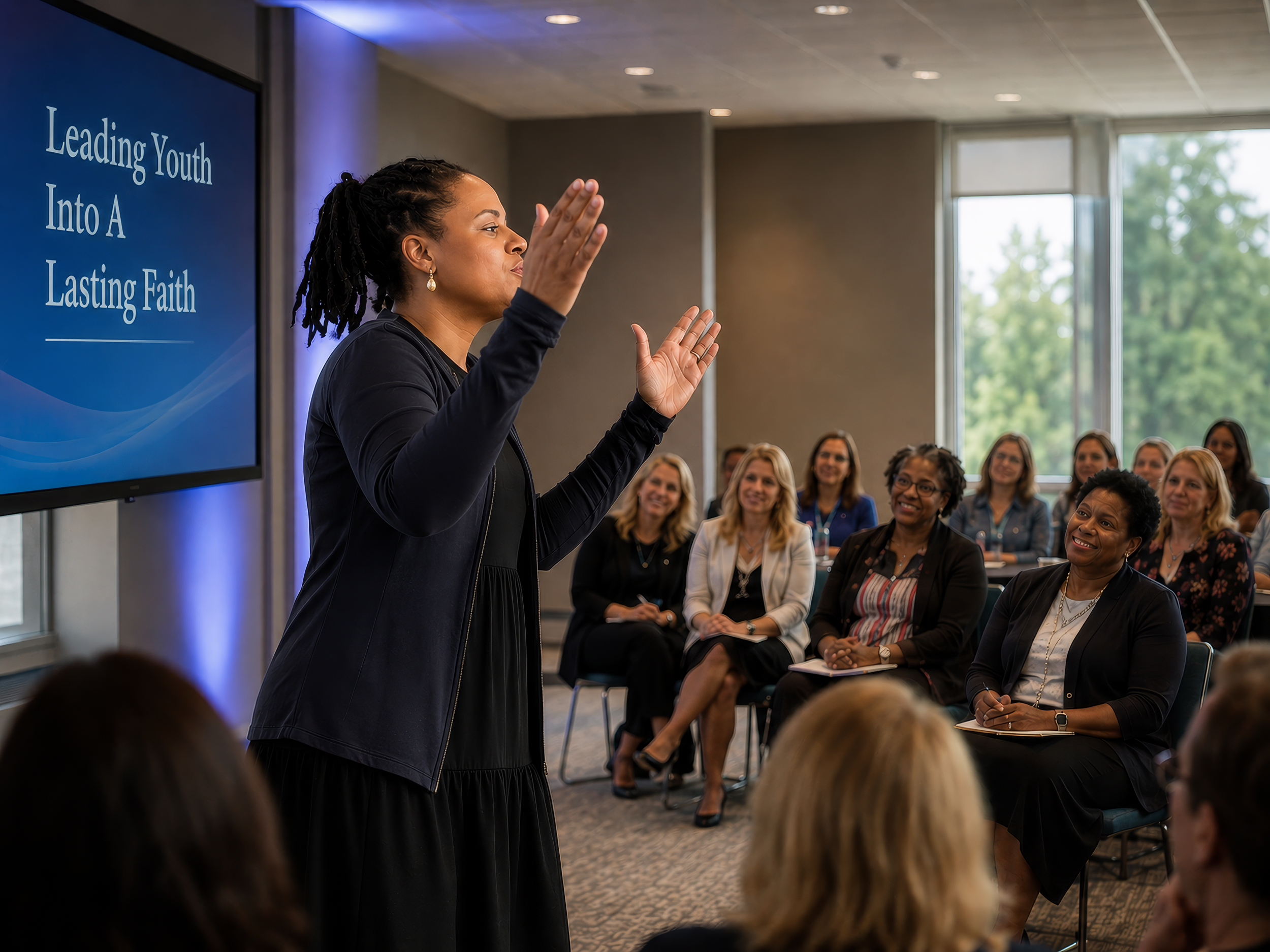 A woman is giving a presentation or speech to a group of smiling adults seated in a conference room with large windows showing trees outside. A large screen displays the text 'Leading Youth Into A Lasting Faith'.