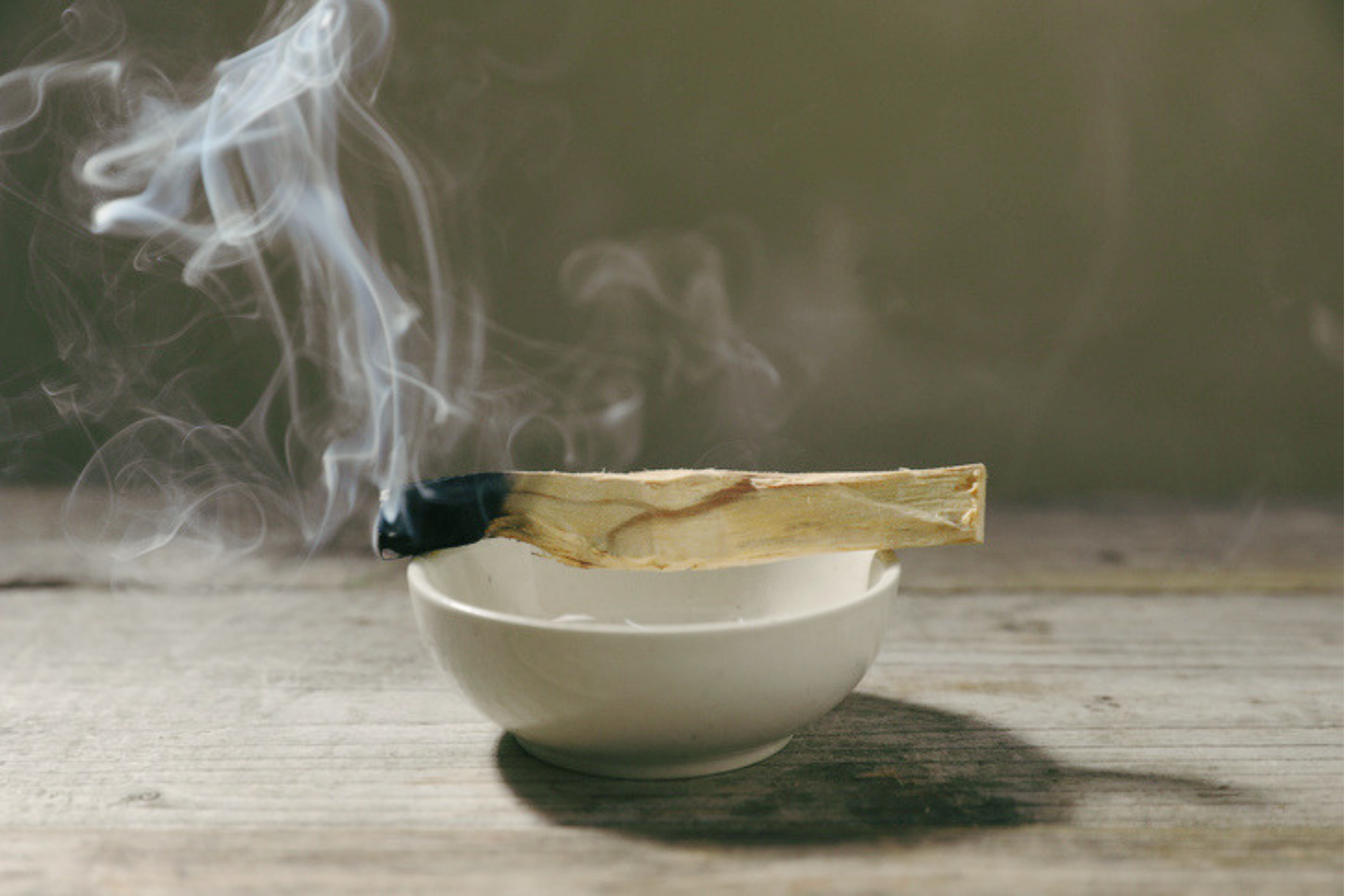 alo santo stick smoldering in a white ceramic bowl, with smoke rising against a soft green background.