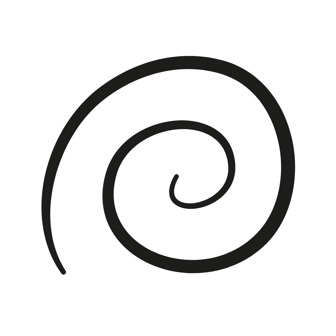 Black spiral graphic on a white background.