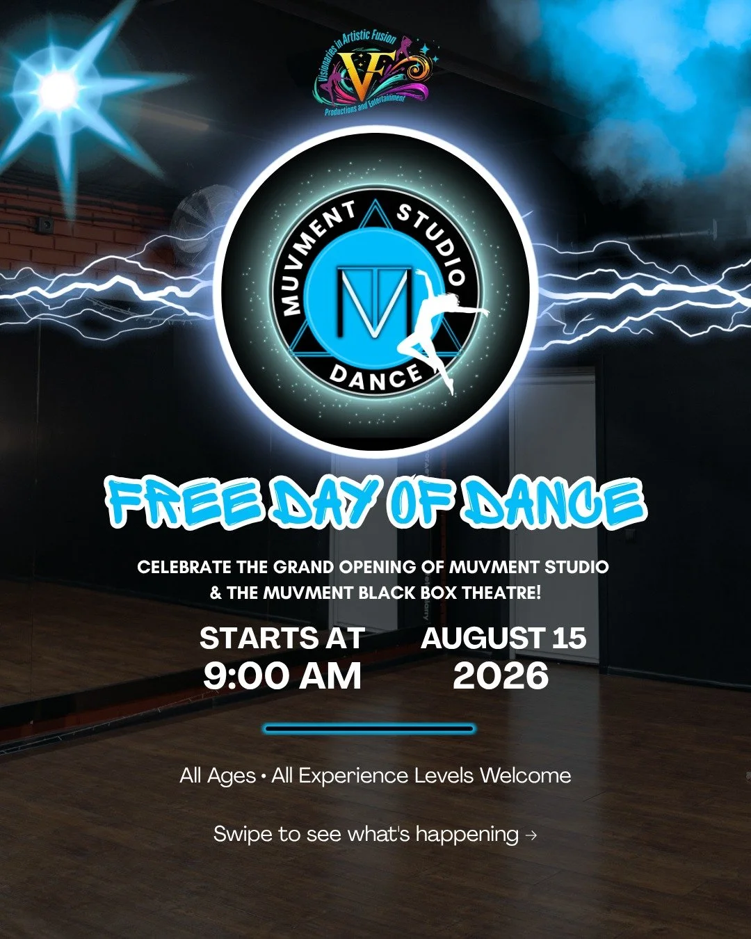 🎉 We're officially opening our doors!

Join us for a FREE Day of Dance as we celebrate the grand opening of the new MuVment Studio and The MuVment Black Box Theatre!

Come try free mini classes, watch performances, meet our instructors, shop local v
