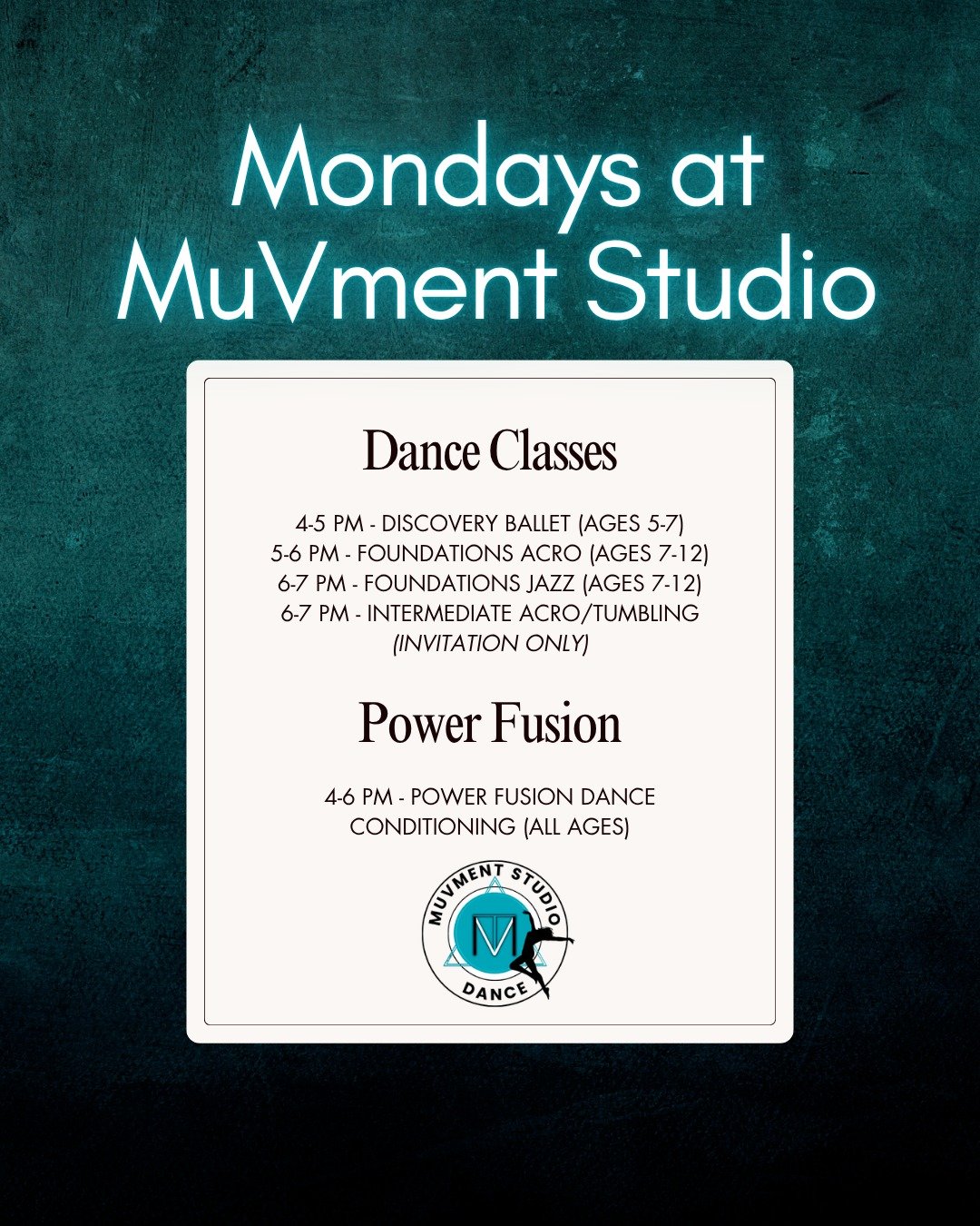 ✨ MONDAYS AT MuVMENT ✨

New week. New moves. Same place to be. 🩵

Mondays at MuVment are all about starting the week moving &mdash; building skills, growing confidence, trying something new, and doing what we love most: DANCE.

Check out the Monday 