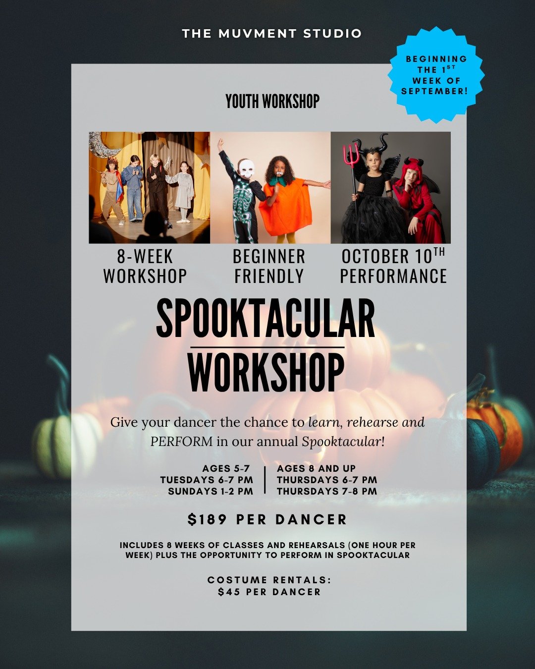 🎃 CALLING ALL FUTURE SPOOKTACULAR STARS! 👻✨

This fall, your dancer won&rsquo;t just learn choreography&mdash;they&rsquo;ll get the chance to rehearse, build confidence, and PERFORM LIVE in our annual Spooktacular! 🕸️🖤

Beginning the first week o
