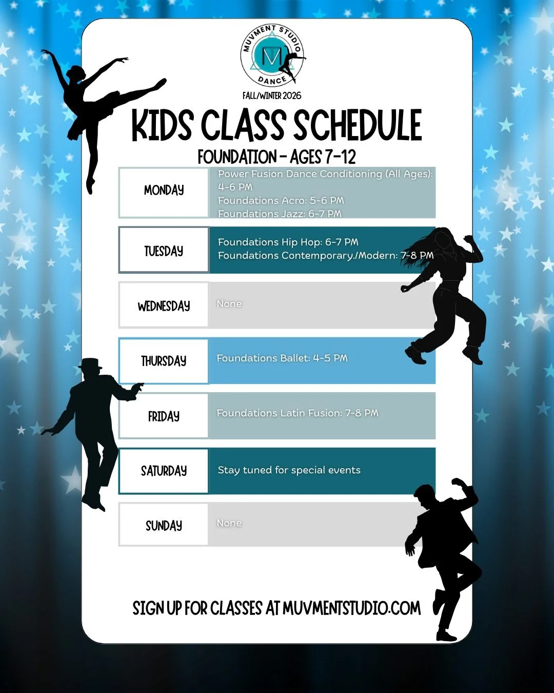 🩵 FALL/WINTER 2026: FOUNDATION 🩵

Strong dancers start with strong foundations.

Our Foundation program for ages 7&ndash;12 is all about building technique, confidence, musicality, creativity, and a deeper understanding of movement &mdash; while st