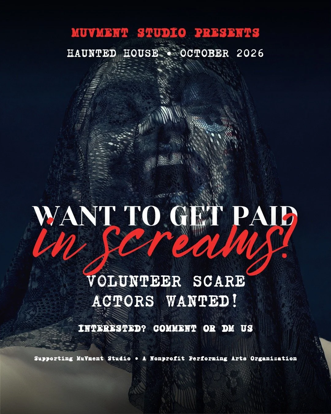 🎃 CALLING ALL CREEPS, GHOULS &amp; THINGS THAT GO BUMP IN THE NIGHT! 👻

MuVment Studio is planning something SCARY this October&hellip; and we&rsquo;re gauging interest for VOLUNTEER SCARE ACTORS to help bring our haunted house to life! 🩸🕸️

We&r