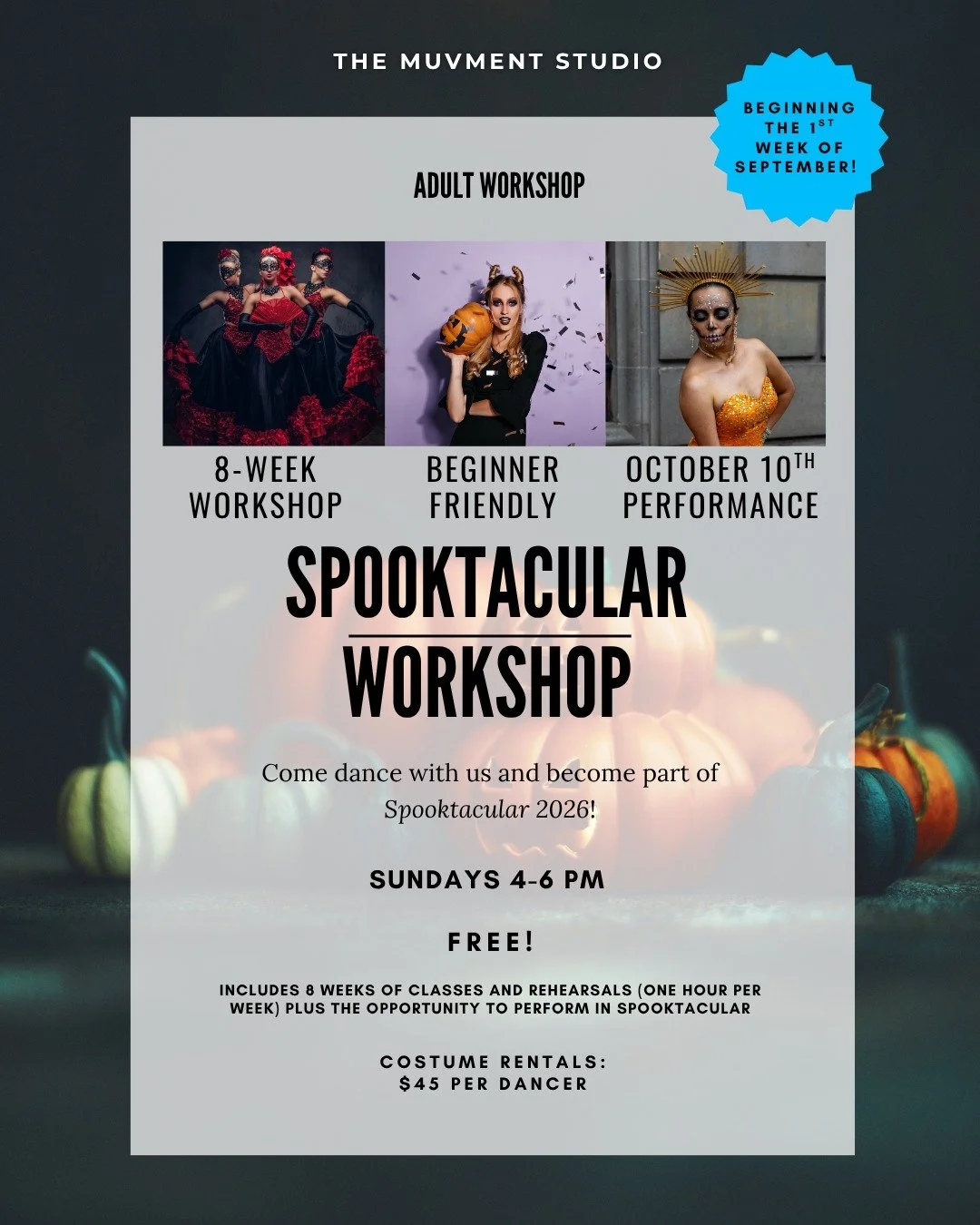 🎃 ADULT SPOOKTACULAR PERFORMANCE WORKSHOPS ARE HERE! 👻🔥

Ever wanted to learn a full routine, rehearse with a cast, and actually PERFORM IT ON STAGE? This is your sign.

Join us this fall for our FREE Adult Spooktacular Performance Workshops&mdash
