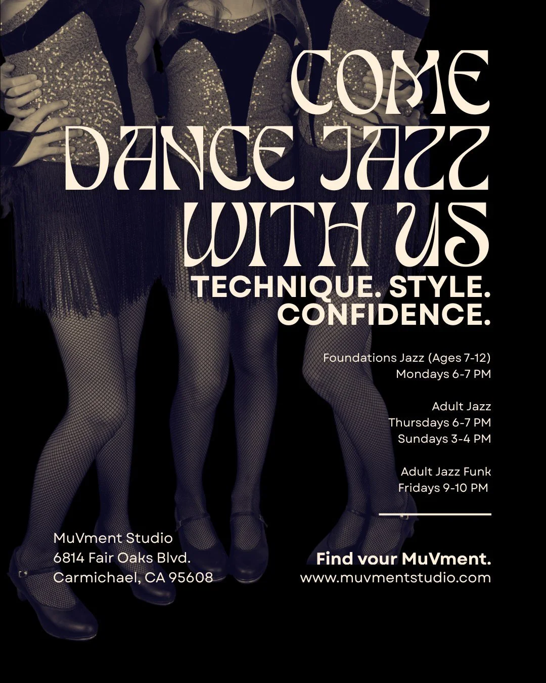 Big energy. Sharp lines. Confidence at every age. ✨

From our younger dancers discovering their style to adults getting back on the dance floor (or stepping onto it for the first time), jazz at The MuVment Studio is for everyone.

Build technique. Fi