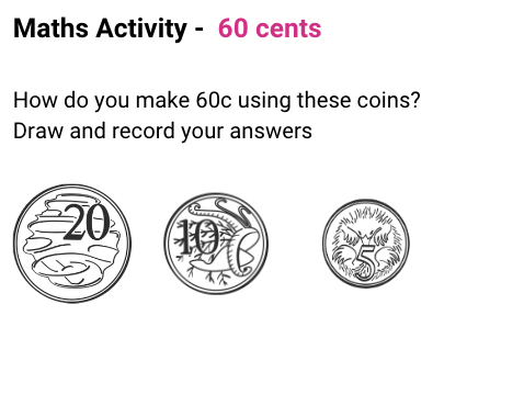 An educational activity for making 60 cents using coins. It features images of 20 cent, 10 cent, and 5 cent coins with an instruction: "How do you make 60c using these coins? Draw and record your answers."