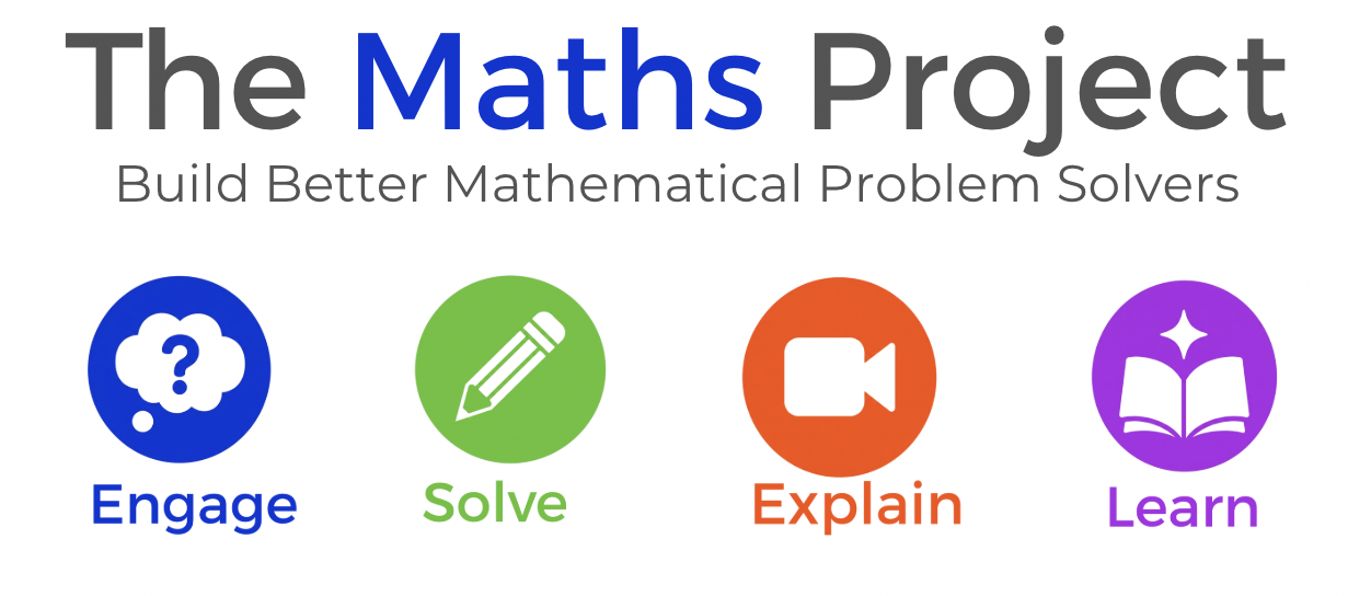 A graphic with the title 'The Maths Project' and the slogan 'Build Better Mathematical Problem Solvers.' It features four colored icons with labels: a blue icon with a question mark inside a thought bubble labeled 'Engage,' a green icon with a pencil labeled 'Solve,' an orange icon with a video camera labeled 'Explain,' and a purple icon with an open book and sparkle labeled 'Learn.'