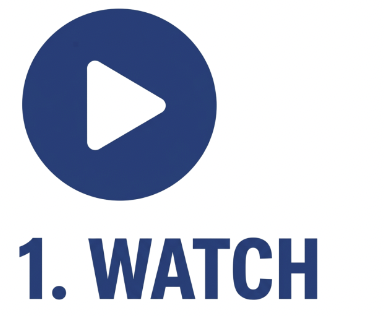 A blue play button icon with the word 'WATCH' and the number '1' underneath.