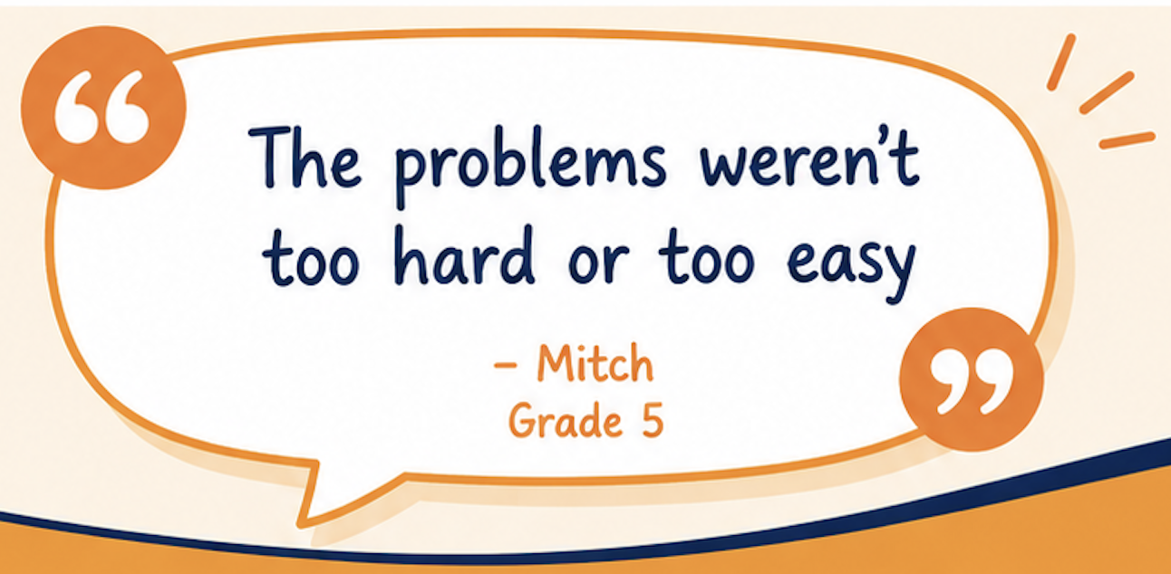 Quote bubble from a motivational poster with a quote: "The problems weren't too hard or too easy" by Mitch, Grade 5, surrounded by orange accents.
