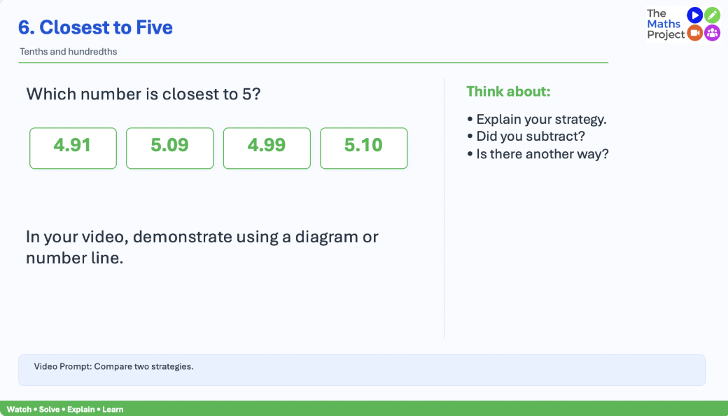Screenshot of a math exercise asking which number is closest to 5. Four options are displayed: 4.91, 5.09, 4.99, and 5.10, with the answer highlighted in green.