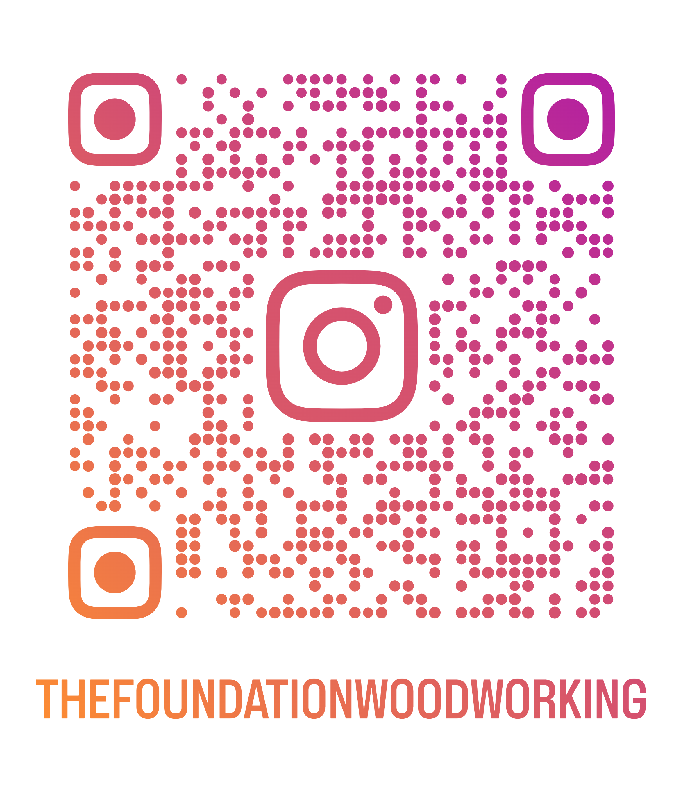 Colorful QR code design with the Instagram logo in the top left and right corners and the Foundation Woodworking text at the bottom in orange and dark red.