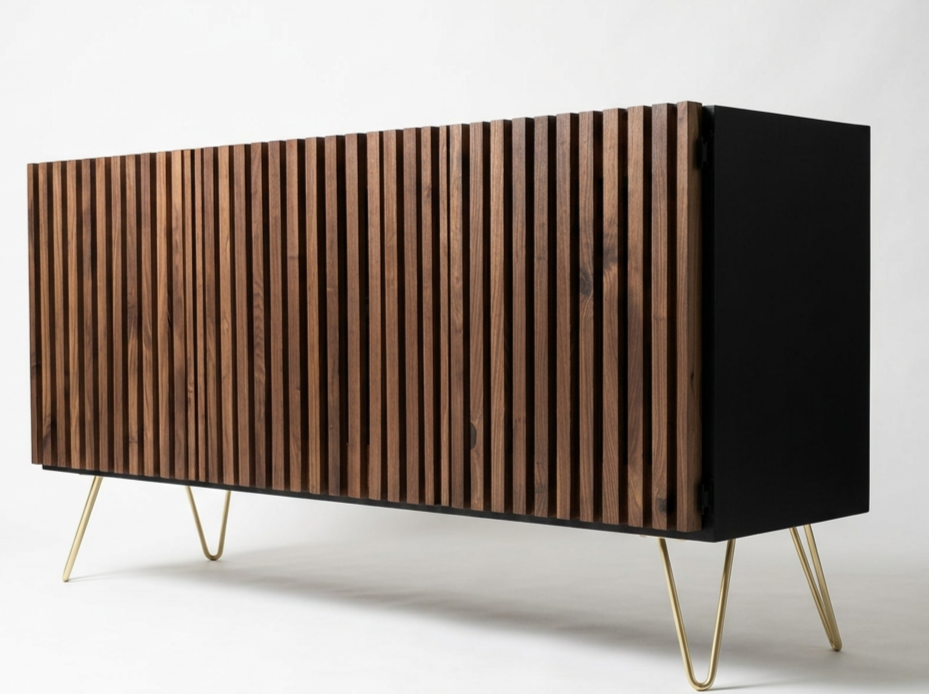 Modern sideboard with wooden slats and gold hairpin legs against a plain white wall.