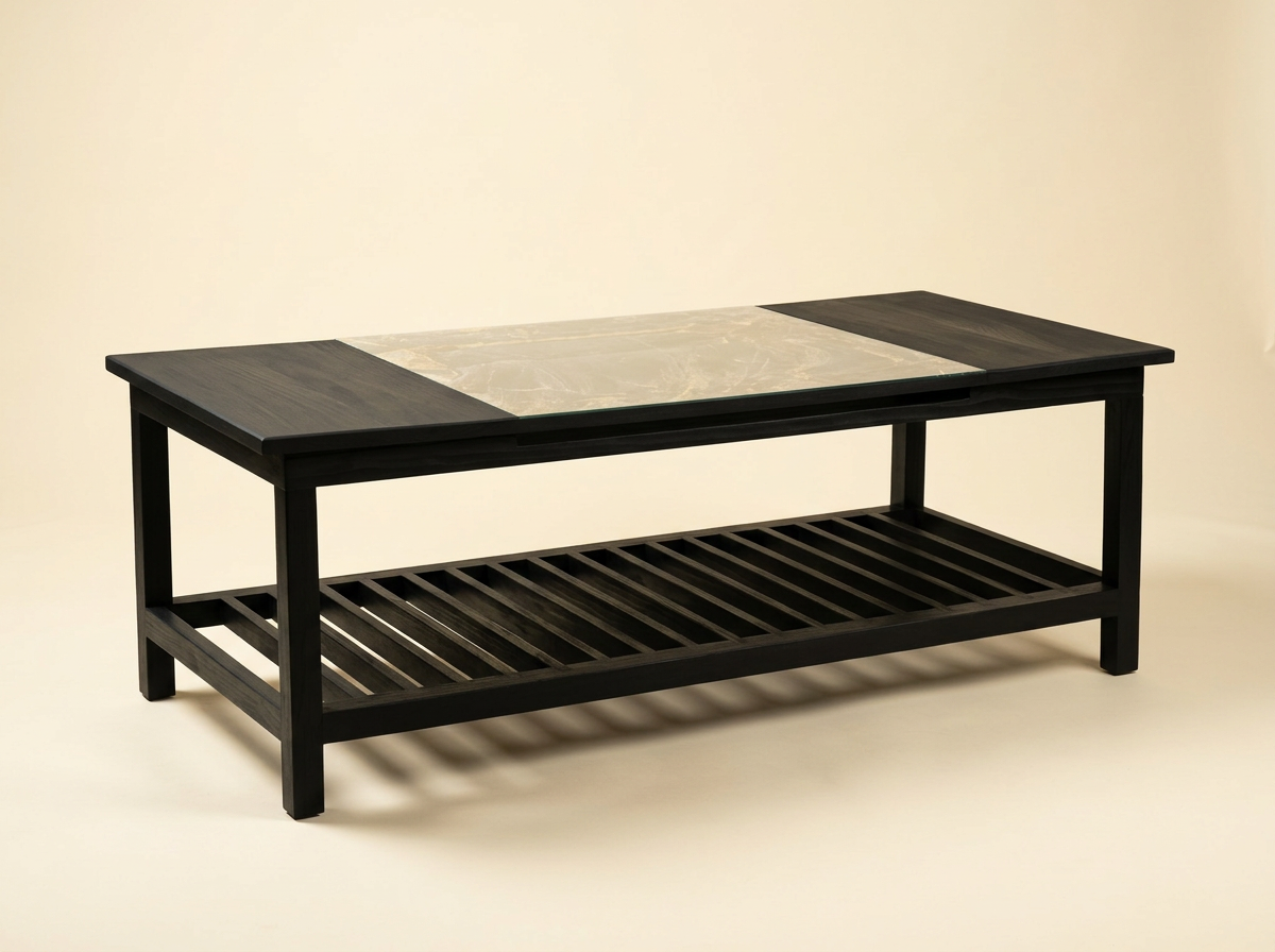 A black wooden coffee table with a marble top and lower slatted shelf.