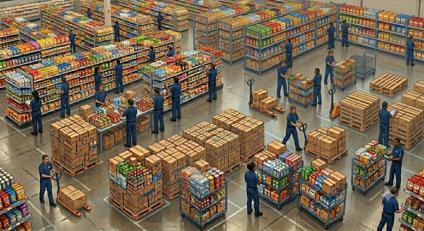 Grocery store aerial view of employees stocking inventory.