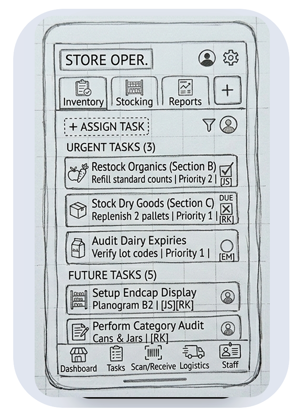 sketch of employee app for grocery retail