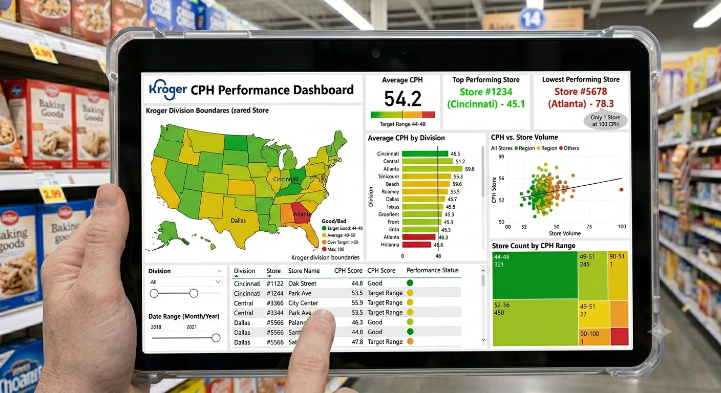 Kroger tablet showing a performance dashboard similar to Powerbi for app and store data metrics