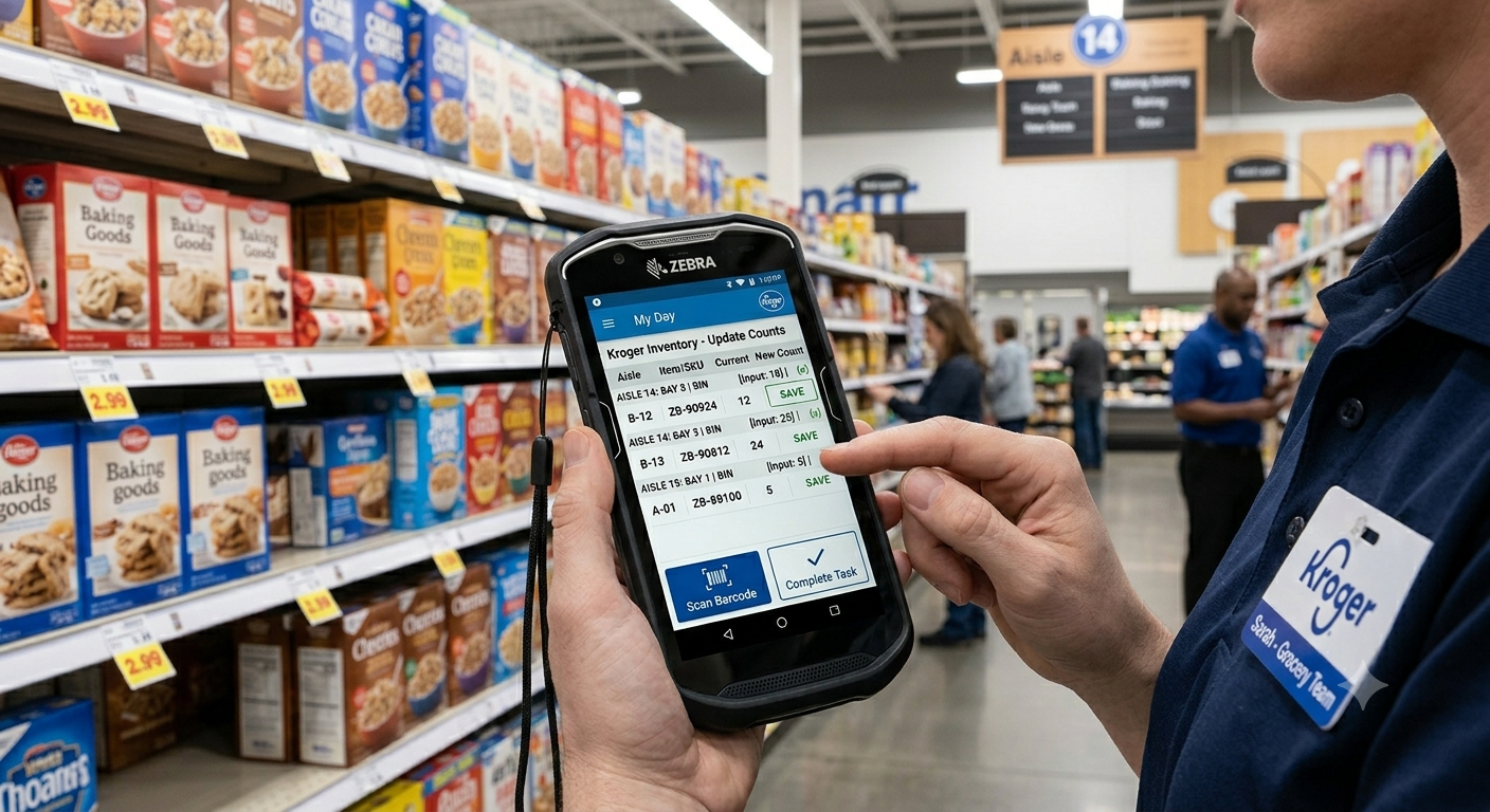 Kroger employee hands holding zebra and making changes to tasks on app interface.