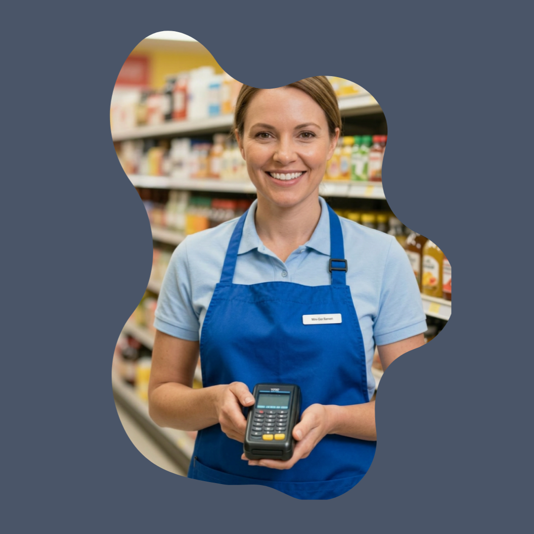 Female store associate wearing blue apron holding zebra device