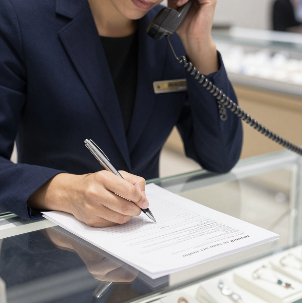 FMJ employee on pen and paper process and talking on phone